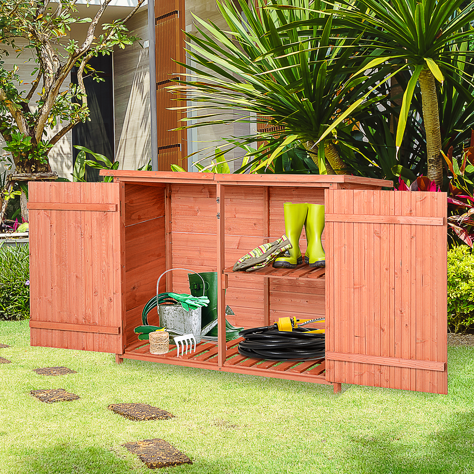 Outsunny Wooden Garden Storage Shed Cabinet Organiser w/Shelves